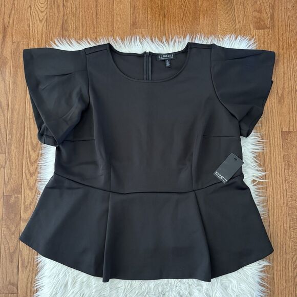 Eloquii Peplum Shirt Women’s Plus Size 22 Black Flare Sleeve Blouse Office NWT - Picture 3 of 13